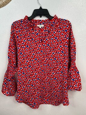 JADE by Melody Tam Blouse Womens M Red Blue Abstract Print Top V Neck Long Sleev